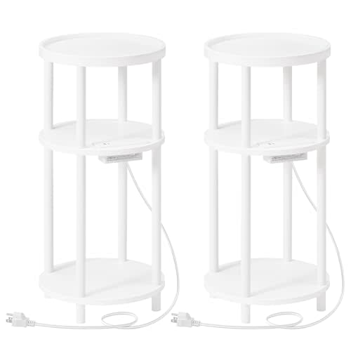 HOOBRO Set of 2 Small Round Side Tables with Charging Station, 3-Tier Round Bamboo End Tables, Easy Assembly, for Living Room, Bedroom, Apartment, White WT152UBZP201