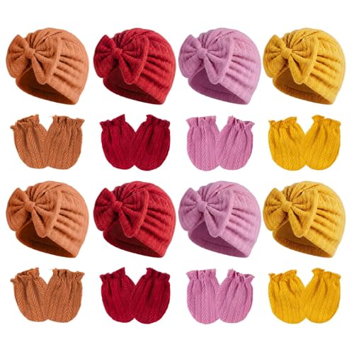 Newborn Baby Girl Hats Mittens Set Cotton for Infants 0-6 Months | 8 Sets New Born Baby Girls Bow Hats Mittens Soft Hospital Hat Beanies No Scratch Mitten Gloves gorros bebes niñas recien 0-3