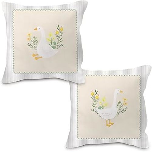 Goose Floral Pillow Covers 18x18, Goose Nursery Decor, Vintage Flower Cute Geese Decorative Throw Pillow Case Covers for Baby Little Girls Room Bedroom, Set of 2