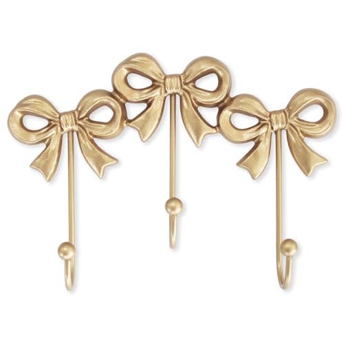 Small Bow Wall Hook,Gold Wall Mounted Functional Hooks,Antique Gold Cast Iron Hook for Coats,Bags, Bath Towels,Room Decorations,Girls Room,Bathroom,Office(Three-Bows Hooks:8.27x5.59 inches)
