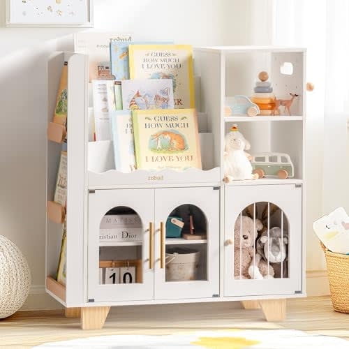 Robud Kids Wooden Bookshelf, All-in-1 Kids Toy Storage Organizer, 6 Cubby Bookcases Toy Chest Finish Space-Saving for Playroom & Bedroom, White