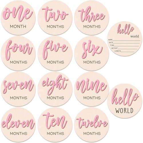 7 Pcs Baby 3D Monthly Milestone Wooden Signs Girl 1-12 Months Announcement Card Sign Wood Markers Disc Block Keepsake Double Sided Engraved Photo Prop (Pink)