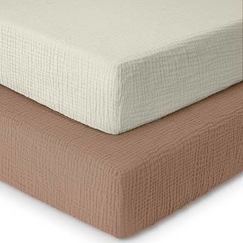 Muslin Mini Crib Sheets, 100% Cotton Crib Sheets, 2 Pack, Soft, Crib Sheets Girls, Boys, Pack n Play Sheets, Crib Sheet, Pack and Play Sheets Fitted, 24x38 Mini Crib Sheets | Brown and Ecru