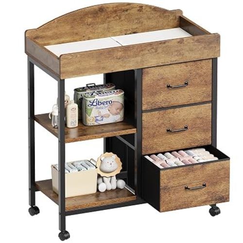 YeTom Baby Changing Table with 3 Fabric Drawers and 2 Shelves, Baby Dresser with Changing Table Top, Waterproof Diaper Changing Station & Pad, Mobile Nursery Diaper Changing Table, Rustic Brown