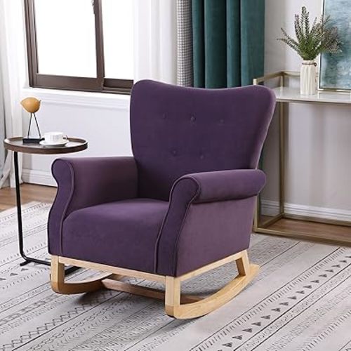 Nursery Rocking Chairs, Upholstered Velvet Glider Rocker with Comfy Armrest, Accent Nursing Rocking Chair with Solid Wood Legs for Baby Nursery (Purple)
