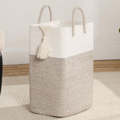 Tall Laundry Hamper Sorters Big Laundry Basket With Handles,Woven Cotton Rope, Versatile Storage for Dirty Clothes,Baby Toys,and Blankets in Bathroom, Nursery,and Living Room (White Brown, 70L)