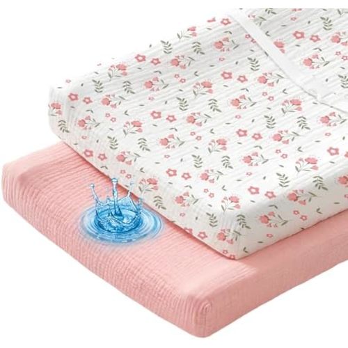 Waterproof 2-Pack Muslin Changing Pad Cover for Baby Girl Boy, Soft Breathable Diaper Changing Table Covers Set