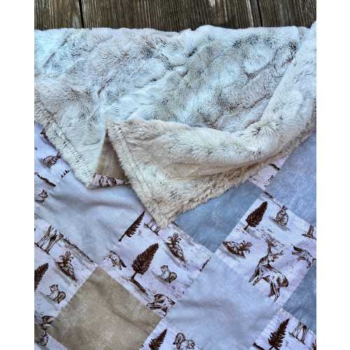 Woodland Forest Animals Baby Blanket – Quilted Patchwork with Luxe Faux Fur | Neutral Rustic Nursery