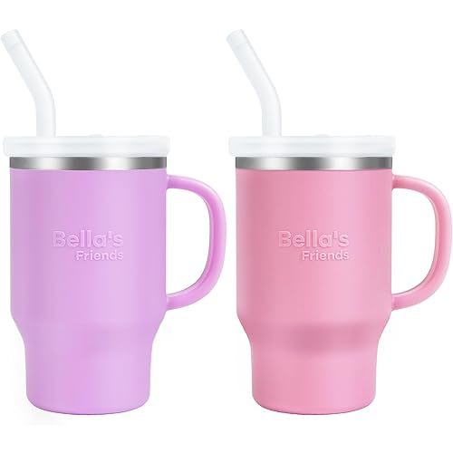Bella's Friends Handy Mini Tumbler – Adorable 9 oz Toddler Sippy Cup, Stainless Interior & Silicone Body, Leak‑Proof, Dishwasher Safe, Gift for 1-3 Years Old Girls & Boys, 2 Pack, Lilac & Peony