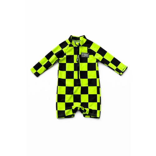 UPF50+ Boys Swim Romper in Neon Electric Lime + Black Checkered- PREORDER