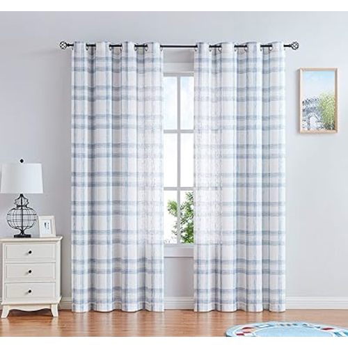 Randall Linen Window Curtain Panel Pairs for Living Room 84" Long Geometric Check Grommets Top Semi Sheer Window Treatment Heavy Rustic Farmhouse Style Drapes for Bedroom 54"x84"x2, Blue White