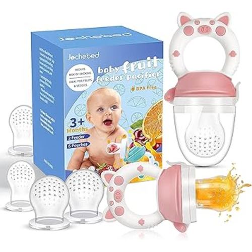 Baby Fruit Food Feeder Pacifier - Fresh Teething Pacifiers, Infant Fruit Teething Teether Toy for 3-24 Months, 6 Pcs Silicone Pouches for Toddlers & Kids & Babies, Piggy Handle 2-Pack (Pink)