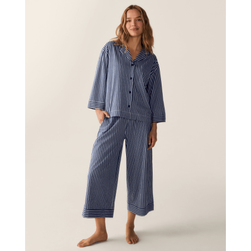 The Olivia Wide Leg Pima Pajama Set in Admiral Ticking