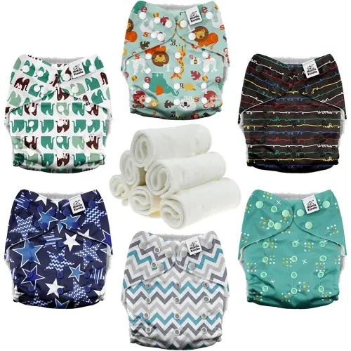 Mama Koala 3.0 Cloth Diapers for Babies with AWJ Lining, 6 Pack with 6 Natural Cloth Diaper Inserts - Reusable and Washable Pocket Diapers (Jagger-R)