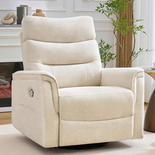 Oversized Swivel Rocker Recliner, 26'' Extra Wide Rocking Recliner Nursery Chair, Manual Swivel Recliner for Nursery, Reclining Rocking Chairs for Living Room, Chenille Beige