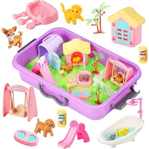 Pet Sensory bin,Dog and Cat Sandbox for Kids,Kids Play Sand Kit,Pet Play Set with Sensory Sand,Pet Care Play Set,Role Pretend Play Beach Toy Birthday Gift for Girls Boys 3 4 5 6 Years Old