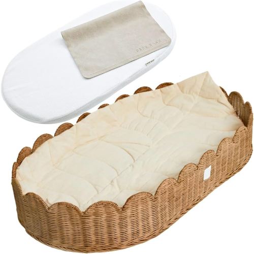 BEBE BASK Premium Baby Changing Basket - Artisan-Crafted Scalloped Rattan - Changing Basket for Baby Dresser - All Accessories Included - Complete Set for Nursery (Mocca)