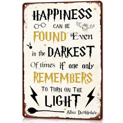 NEGLAI Happiness Can Be Found Even In The Darkest Metal Signs, Vintage Magic Sign for Movie Wizard Theme Lovers Office Decor Motivational Room Wall Decor 12x8 Inch