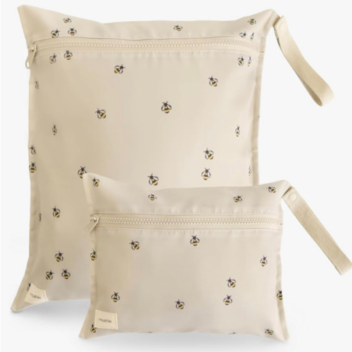 mushie Water Resistant Wet Bags | Large & Small Reusable Storage Bag for Baby Items and Travel | Zippered Pockets with Handle | Machine Washable, Set of 2 (Bees)