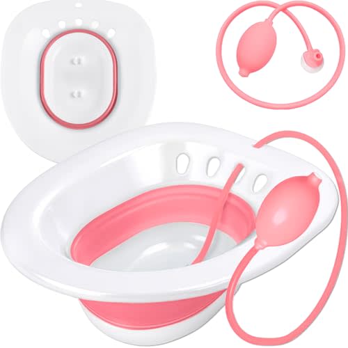 Pochik Sitz Bath for Toilet Seat Hemorrhoids and Postpartum Care, Yoni Steam Seat, Perineal Soaking, Collapsible, Flusher Hose, Drain Holes, Wider Seating Area - Magenta
