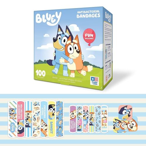 Bluey Kids Bandages, 3 Assorted Sizes 100 CT | Wear Like Stickers, Flexible Adhesive Bandages for Minor Cuts, Scrapes, and Burns. Great Gift idea and Stocking Stuffer