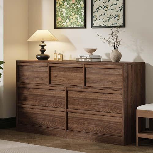 Garvee 7 Dresser for Bedroom, 54" Wide Dresser, Freestanding Horizontal Drawer with Storage, Wooden Closet Chest Storage for Living Room, Hallway, Entryway, Walnut
