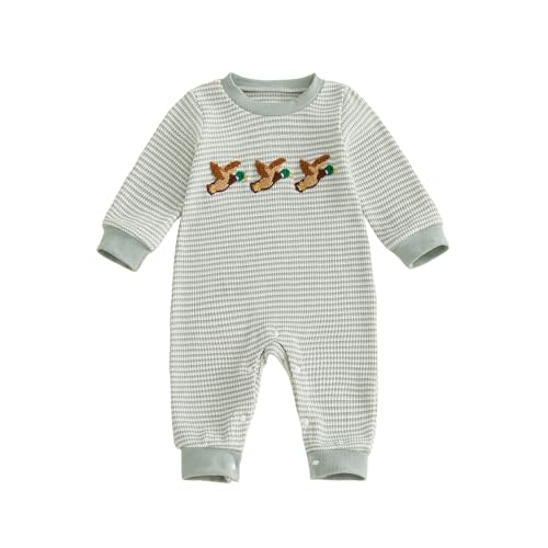 Baby Boy Long Sleeve Jumpsuit Romper Football Hunting Outfit Fall Clothes | Crew neck, Waffle Baby Boy Romper, Football/Duck Embroidery, ribbed trim, full length, One Piece Outfits