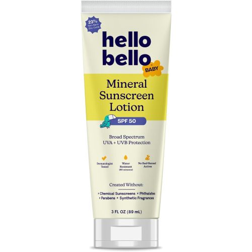 Hello Bello Baby Mineral SPF 50 Sunscreen Lotion with Broad Spectrum UVA + UVB Protection, Water Resistant and Reef Friendly Sun Protection for Babies and Kids, 3 fl oz (Pack of 1)