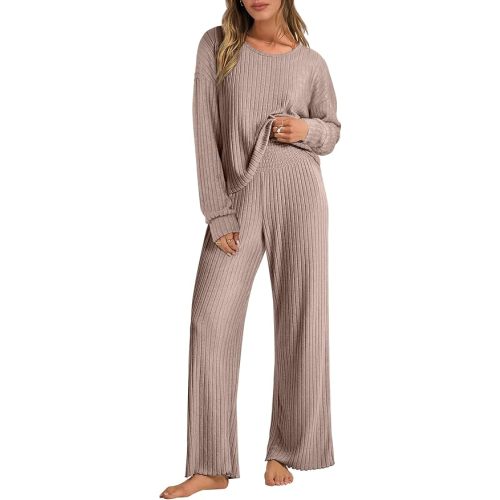 ANRABESS Women 2 Piece Lounge Pajamas Sets Casual Ribbed Knit Long Sleeve Top Pants Matching Set 2025 Fall Outfits Clothes