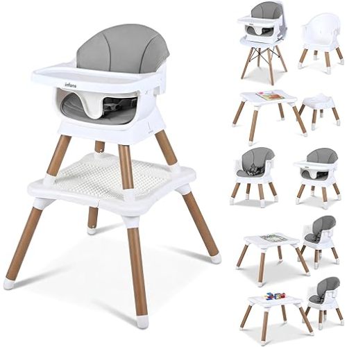 INFANS Baby High Chair, 9 in 1 Convertible Highchair for Babies and Toddlers, Building Block Table Dining Booster Seat Activity Desk Kids Stool with Adjustable Removable Tray (Light Grey)