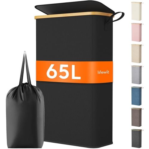 Lifewit 65L Slim Laundry Hamper with Lid, Narrow Laundry Basket with Removable Bag & Bamboo Handles, Fodable Thin Dirty Clothes Hamper for Laundry Collapsible Bin for Bathroom Bedroom Dorm, Beige