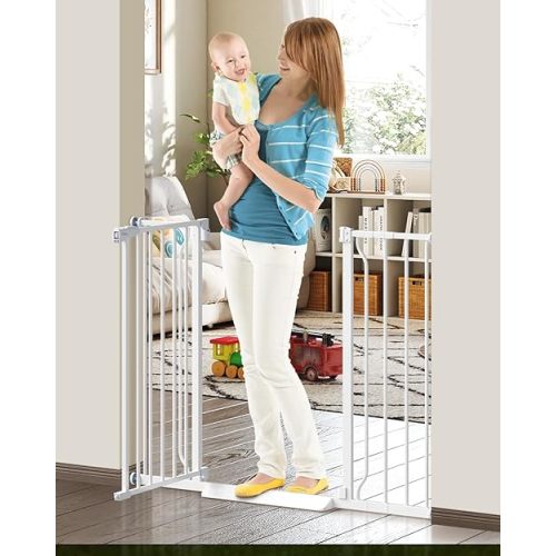 34" Extra Tall Baby Gate for Stairs, Auto Close Stroller Friendly Dog Gate Indoor for Doorways, Pressure Mounted 29"-45" W Baby Gate, Easy Walk Through Gate for Children & Pets, White