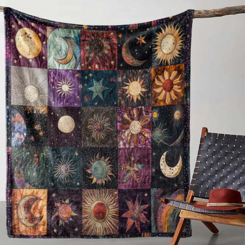 [Vintage Flannel Blanket] Soft Vintage Celestial Sun & Moon Print Flannel Blanket | All-Season Throw for Sofa Bed Car Camping Office, Cozy Gift with Vibrant Mixed Colors, Comfortable Bedding