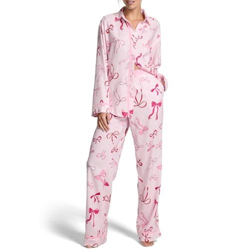 Victoria's Secret Women's PINK Flannel Pajama Set, Long Sleeve Button Down Shirt & Pants, Sleepwear for Women