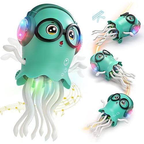 GONINO DJ Dancing Jellyfish Baby Toys, Musical Crawling Tummy Time Toys with LED Light & Smart Obstacle Avoidance, 360° Spin Sensory Toys for Toddlers, Kids Toys Birthday Gifts for Boys Girls, Green