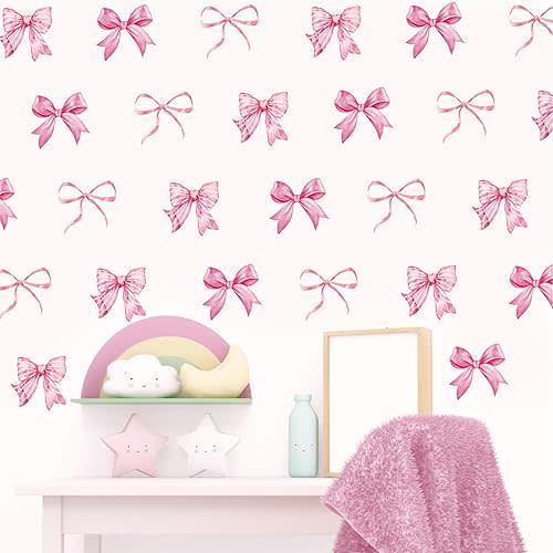Whaline 12 Sheets Trendy Pink Bow Wall Stickers Light Pink Bow Knot Wall Decals Watercolor Room Mural Stickers for Girls Party Valentine's Day Home Bedroom Nursery, 7.9 x 11.8 Inch