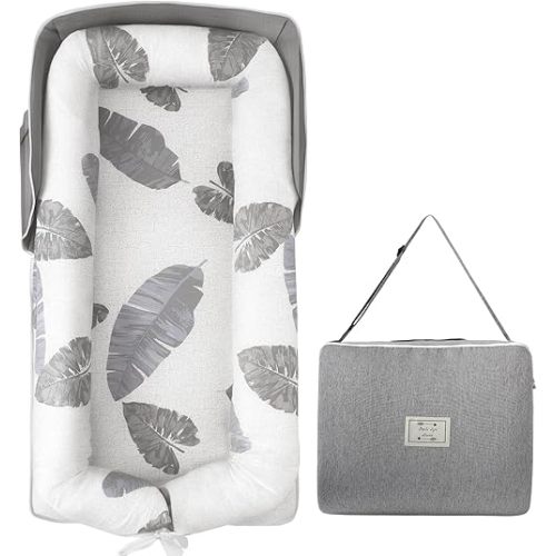 Portable Baby Lounger - Foldable Infant Lounge with Adjustable U-Shaped Bumper & Storage Bag, Breathable Cotton Snug Spot for Supervised Rest & Play at Home or On The Go,Gray Leaf