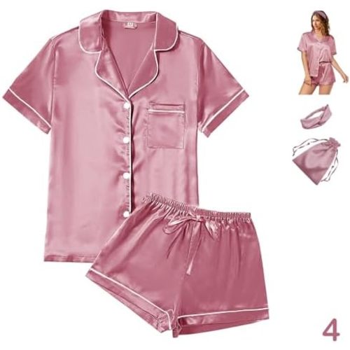 4Pcs Womens Satin Silky Pajama Sets Short Sleeve Shirt XS-4XL Floral Pajamas Set Soft PJ Loungewear Sleepwear