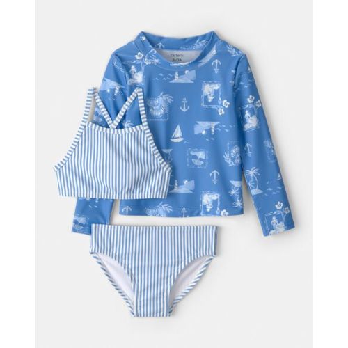 Toddler Girl 3-Piece Sailboat Long-Sleeve Rashguard Swimsuit Set - Blue - Carter's | Carter's