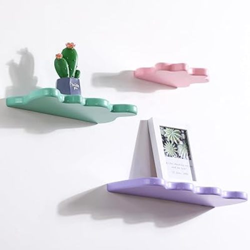 Geetery 3 Pcs Wavy Floating Shelves Cute Cloud Shelves Kawaii Pastel Room Decor Funky Wall Shelf Preppy Book Shelf for Wall Bedroom Bathroom Display