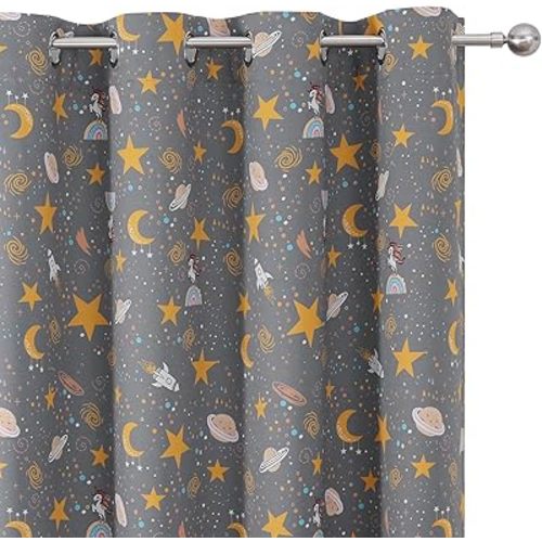 Estelar Textiler Planets Unicorn Printed Grey Blackout Curtains for Nursery Bedroom, Thermal Insulated Room Darkening Star Moon Pattern Grommet Window Drapes for Toddler Room,Gray, W38 x L63, 2 Panels
