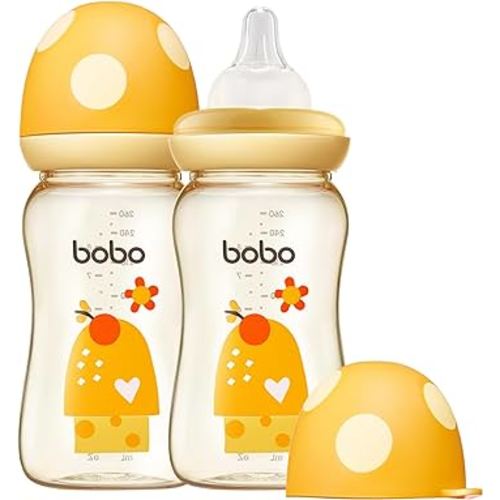 YOHKOH PPSU Baby Bottle Wide Neck, Newborn Anti-Colic Baby Bottle with Natural Response Nipple, Streamlined Body, Easy to Clean (8.8oz (Pack of 2), Yellow)