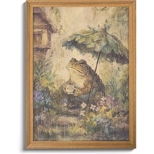 3D Textured Framed Vintage Frog Wall Art, Rustic Farmhouse Animal Wall Decor, Funny Frog with Umbrella Sandstone Painting, Whimsical Cottagecore Picture for Living Room Bedroom 12x16 Inch