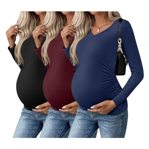 Ekouaer Womens Maternity Shirts Long Sleeve 3 Packs V-Neck Pregnancy Tops | Soft Material, Casual Side Ruched Postpartum Blouse, Dressy Workout Mama Tunic, Office, Vacation, Going Out, Fall, Winter