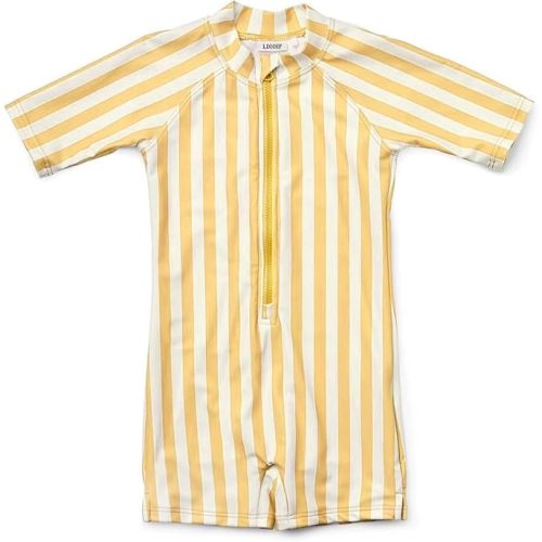 Girls One Piece Swimsuit Zipper Long Sleeve Rash Guard Green Striped Sunsuit Seersucker Bathing Suit with Ruffle Butt