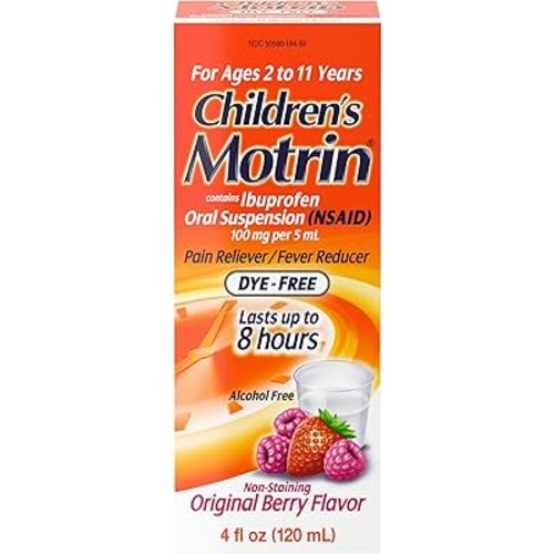 Motrin Children's Oral Suspension 100mg Ibuprofen Medicine, NSAID Fever Reducer & Pain Reliever for Minor Aches & Pains Due to Cold & Flu, Dye Free, Alcohol-Free, Berry Flavored, 4 fl. Oz