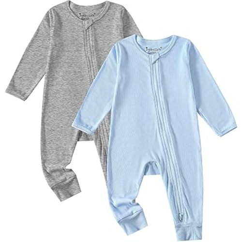 Jimonda Ribbed Rayon From Bamboo Baby Boys/Girls Sleepers, 2-Way Zipper Long Sleeve Footless Pajamas With Mittens Soft Pjs