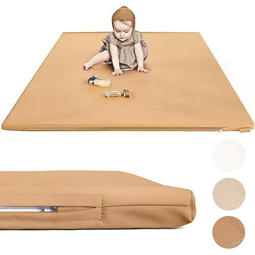 Padded Baby Play Mat - Thick Play Mat for Baby - Extra Thick & Super Soft Non Toxic Vegan Leather Floor Mat for Baby Girls and Boys - Crawling Mat for Baby Play on Floor - Brown Color