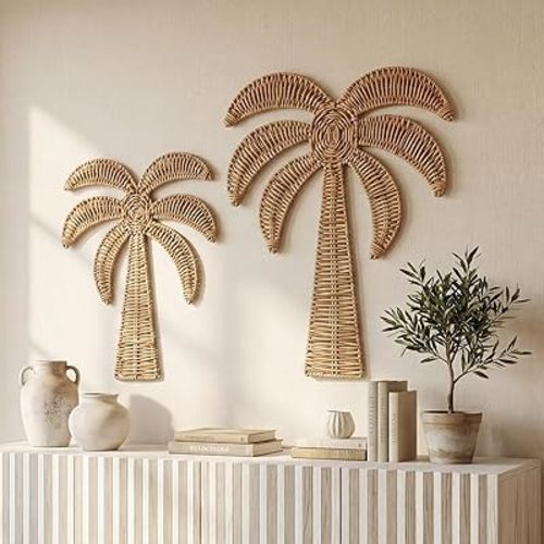 Cinnvoice 2 Pcs Rattan Palm Tree Wall Decor Tropical Art, 15.5'' & 14''