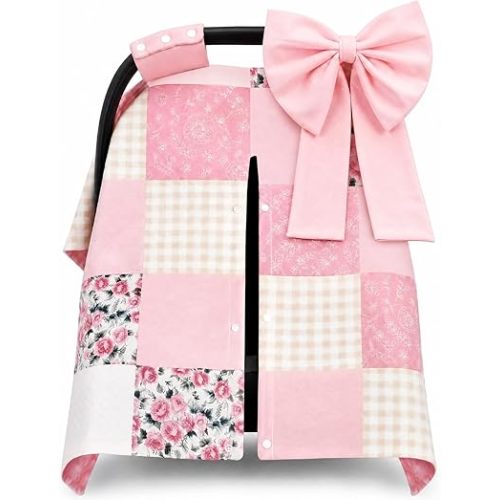 Sieral Baby Car Seat Cover with Large Bow Pink Carseat Cover for Baby Girl Warm Winter Infant Carseat Canopy Multi Use Stroller Opening Car Seat Canopy